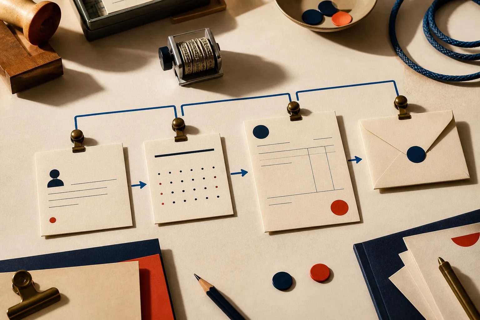 Paper enquiry, calendar, invoice and follow-up stages connected as one workflow
