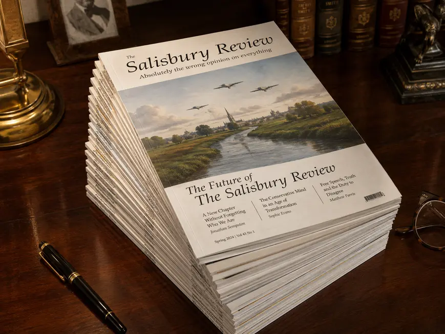 A concept stack of Salisbury Review magazines on a wooden desk